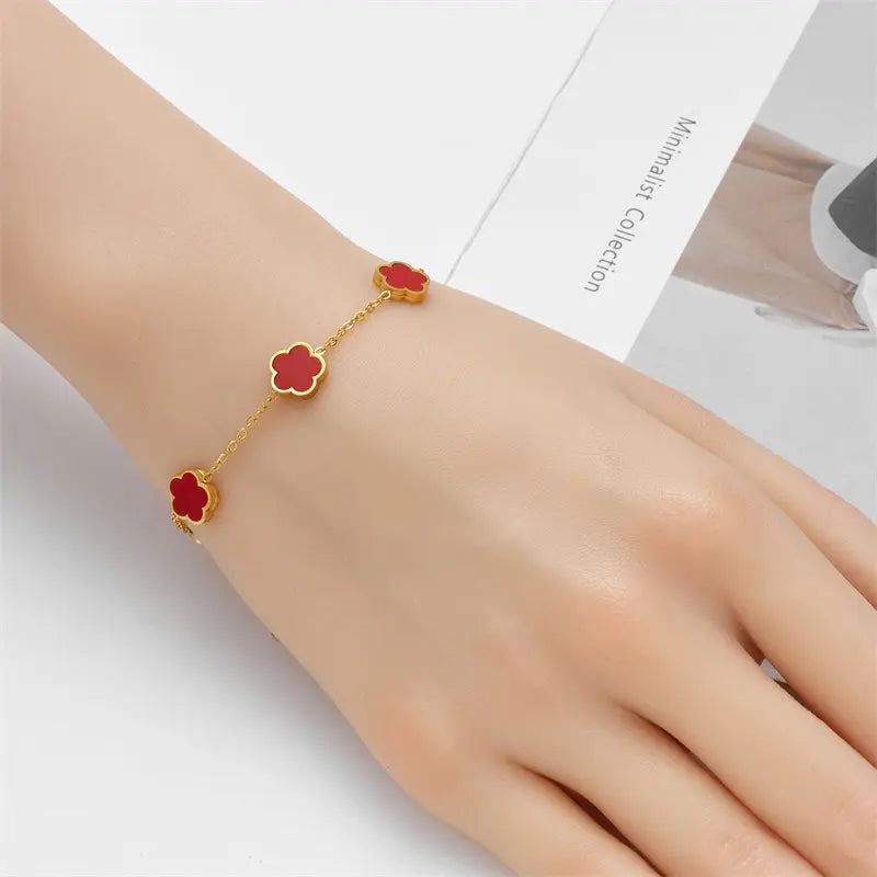 Dainty Cute Chain Stainless Steel Bracelet Gold Plated Flower Five Clover Lucky Bracelet for Women Gift