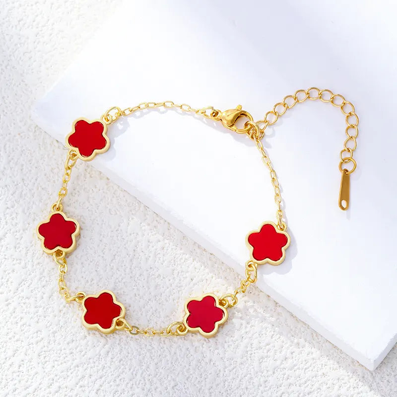 Dainty Cute Chain Stainless Steel Bracelet Gold Plated Flower Five Clover Lucky Bracelet for Women Gift