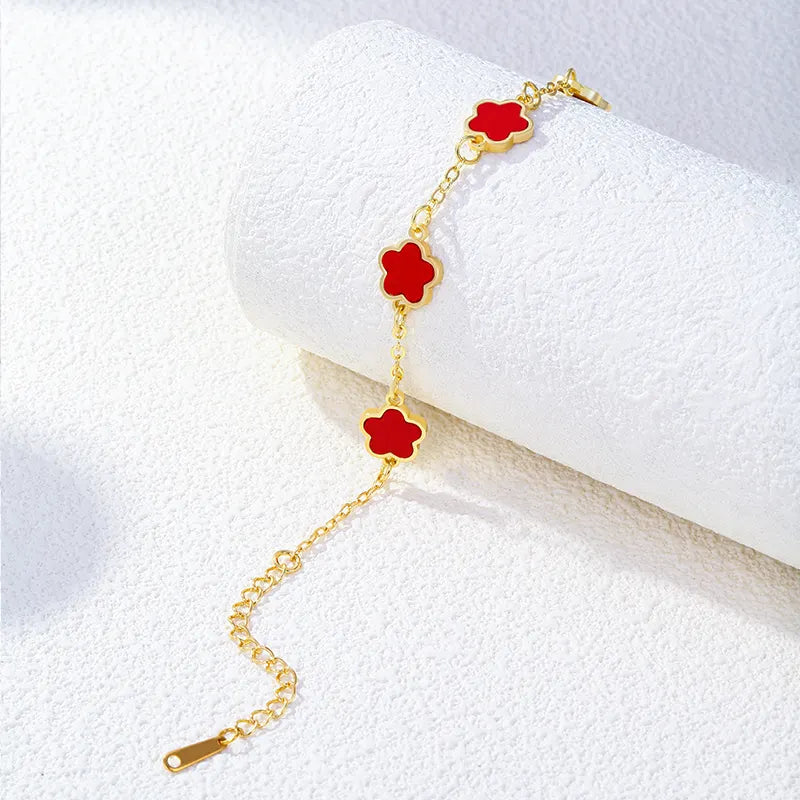 Dainty Cute Chain Stainless Steel Bracelet Gold Plated Flower Five Clover Lucky Bracelet for Women Gift