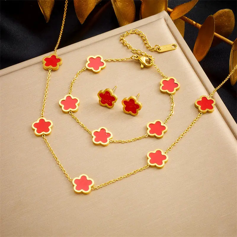 Elegant 4-Piece Copper Jewelry Set – Floral Necklace, Earrings & Bracelet