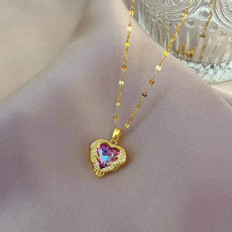 Romantic Ocean Heart Pendant – Zircon & Bronze on Titanium Steel Chain