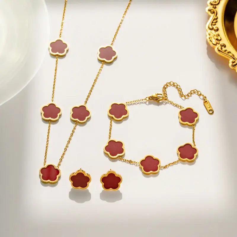 Elegant 4-Piece Copper Jewelry Set – Floral Necklace, Earrings & Bracelet