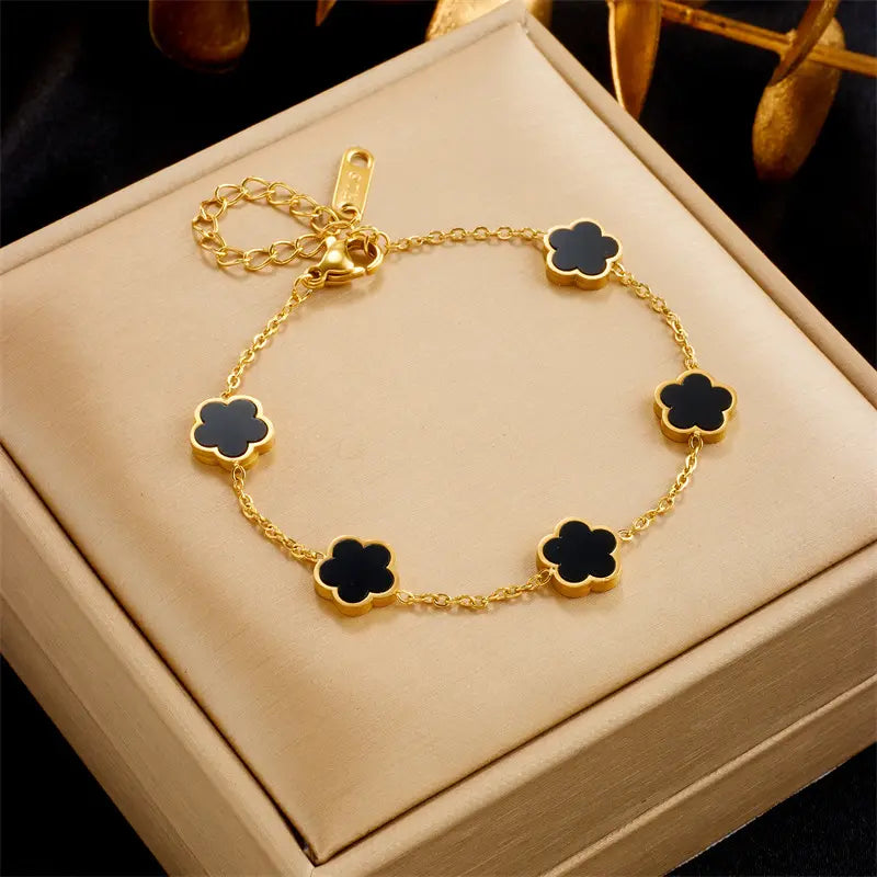 Dainty Cute Chain Stainless Steel Bracelet Gold Plated Flower Five Clover Lucky Bracelet for Women Gift